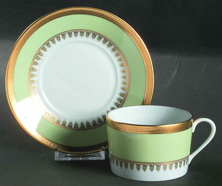 Oasis Green (Green Band, Gold Encrusted) Flat Cup & Saucer Set by Haviland-1