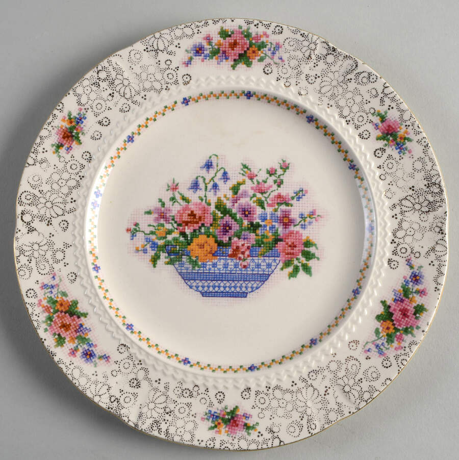 Old English Needlepoint Dinner Plate by Hollinshead & Kirkham-1