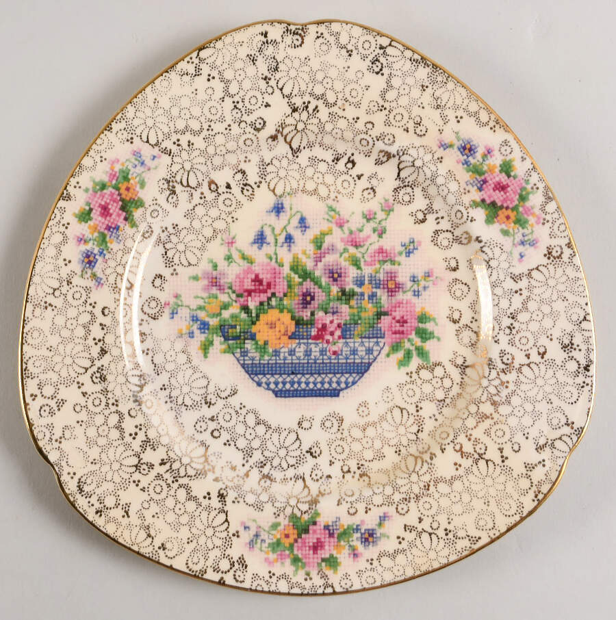 Old English Needlepoint 9" Triangular Plate by Hollinshead & Kirkham-1