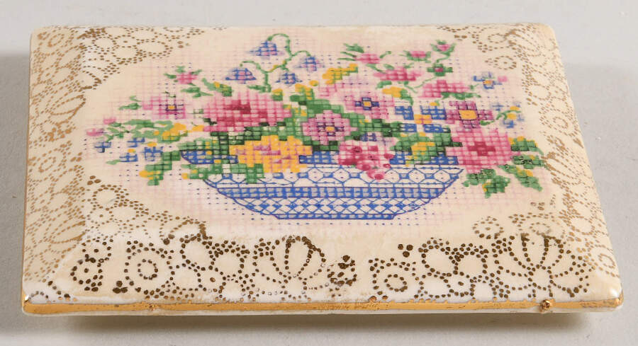 Old English Needlepoint Llid for 4" Rectangular Box by Hollinshead & Kirkham-1