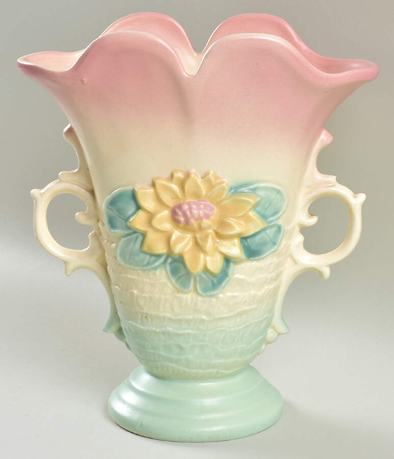 Water Lily Pink Turquoise 8" Handled Vase by Hull-1