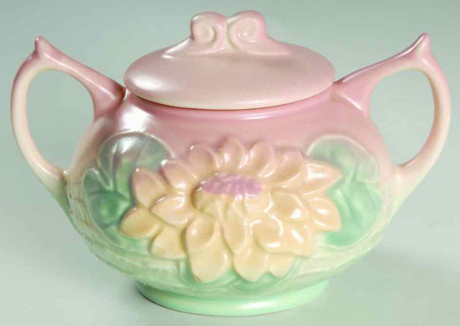 Water Lily Pink Turquoise Sugar Bowl & Lid by Hull-1