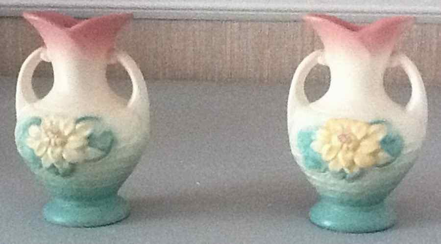 Water Lily Pink Turquoise 5" Handled Vase by Hull-1
