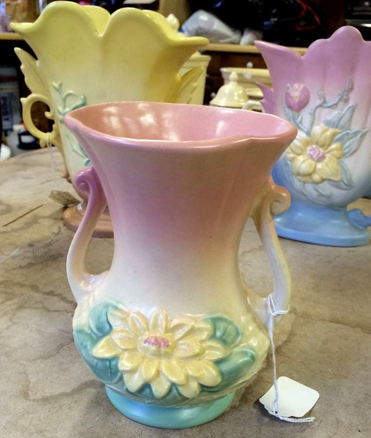 Water Lily Pink Turquoise 6" Handled Vase by Hull-1
