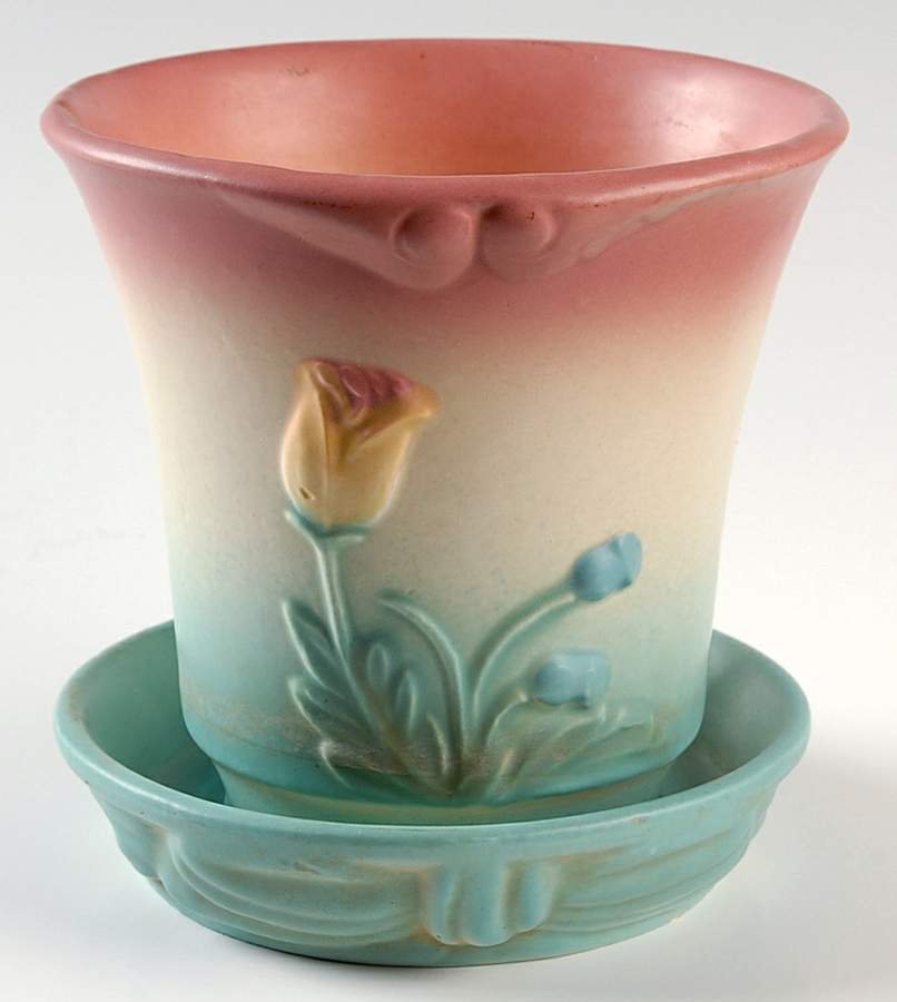 Bow Knot Pink and Turquoise Flower Pot with Attached Underplate by Hull-1