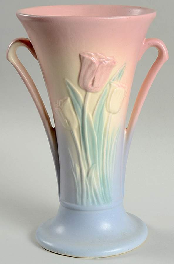 Tulip Pink Blue 10" Handled Vase by Hull-1