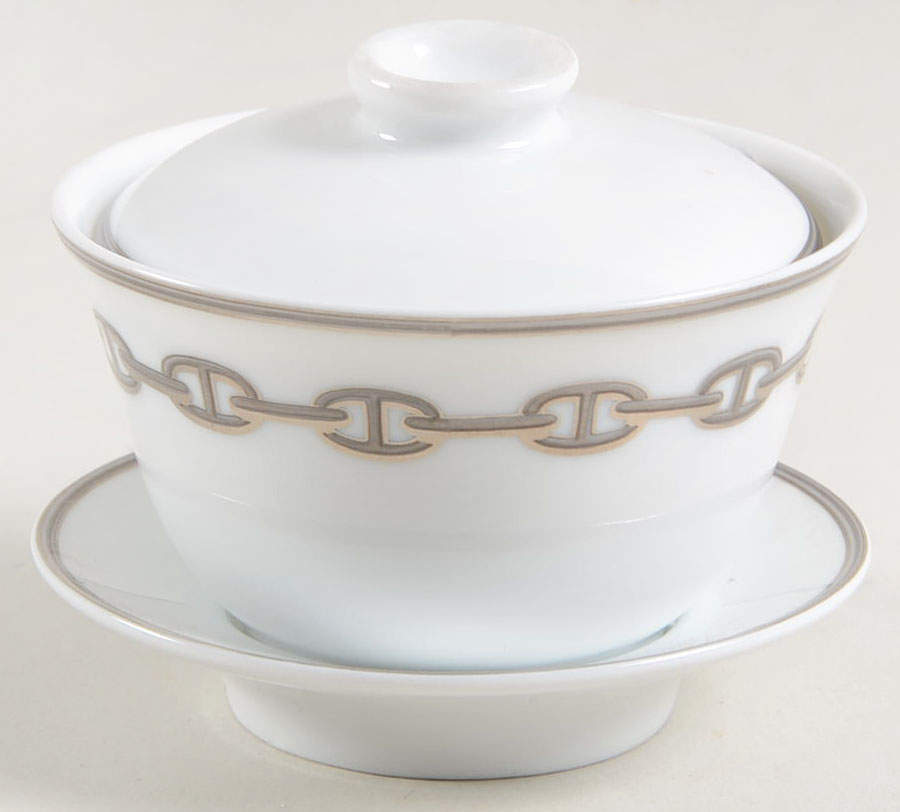Chaine D'Ancre Gray (Platinum Trim) Asian Flat Cup & Saucer Set with Lid by Hermes-1