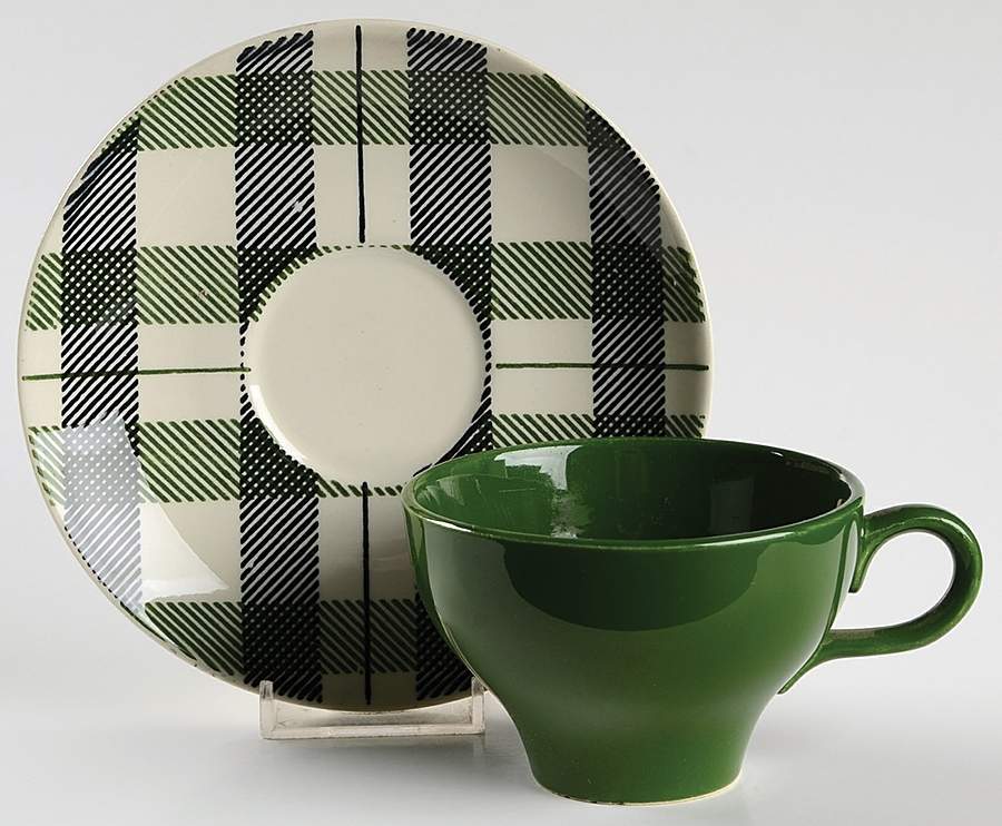 Highland Plaid (Green Black) Flat Cup & Saucer Set by Homer Laughlin -1