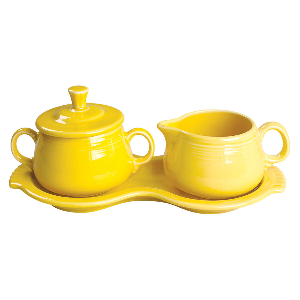 Fiesta Sunflower (Intro 2001) Creamer & Sugar with Lid & Tray Set by Homer Laughlin -1