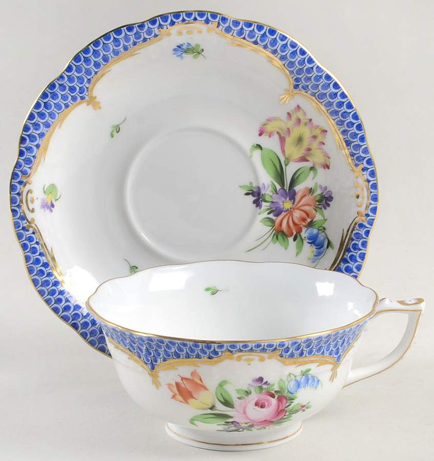 Printemps Blue Border Footed Cup & Saucer Set by Herend-1