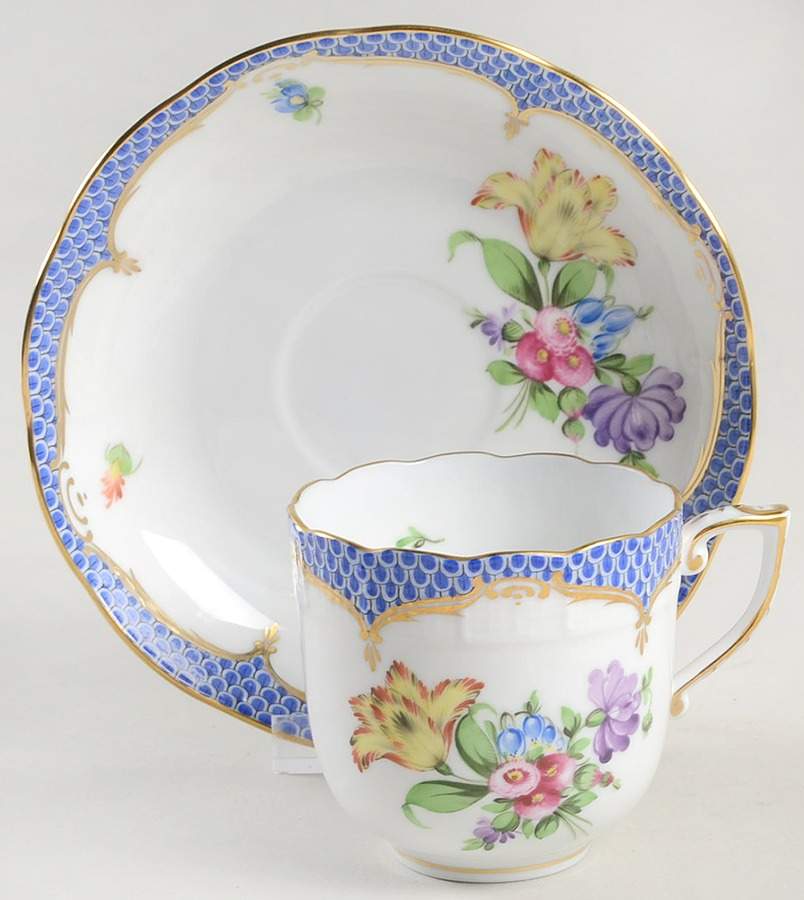 Printemps Blue Border Chocolate Cup & Saucer Set by Herend-1