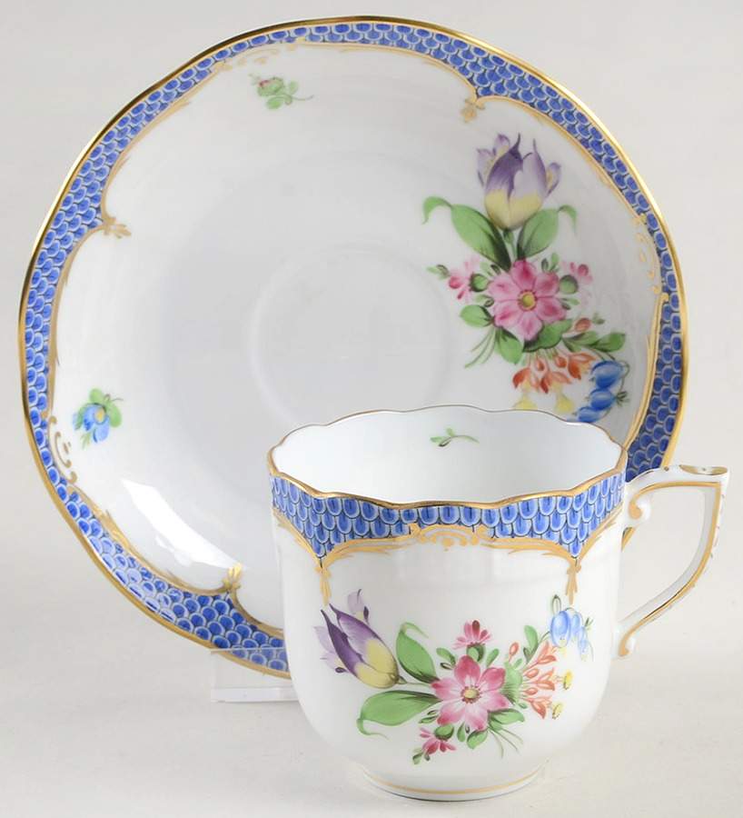 Printemps Blue Border Chocolate Cup & Saucer Set by Herend-1