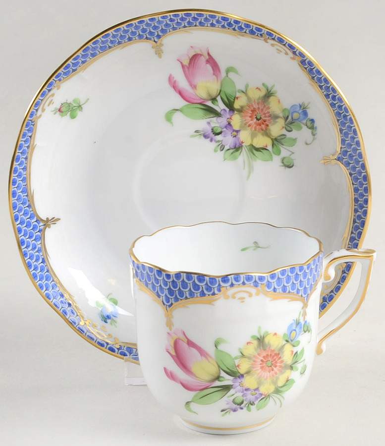 Printemps Blue Border Chocolate Cup & Saucer Set by Herend-1