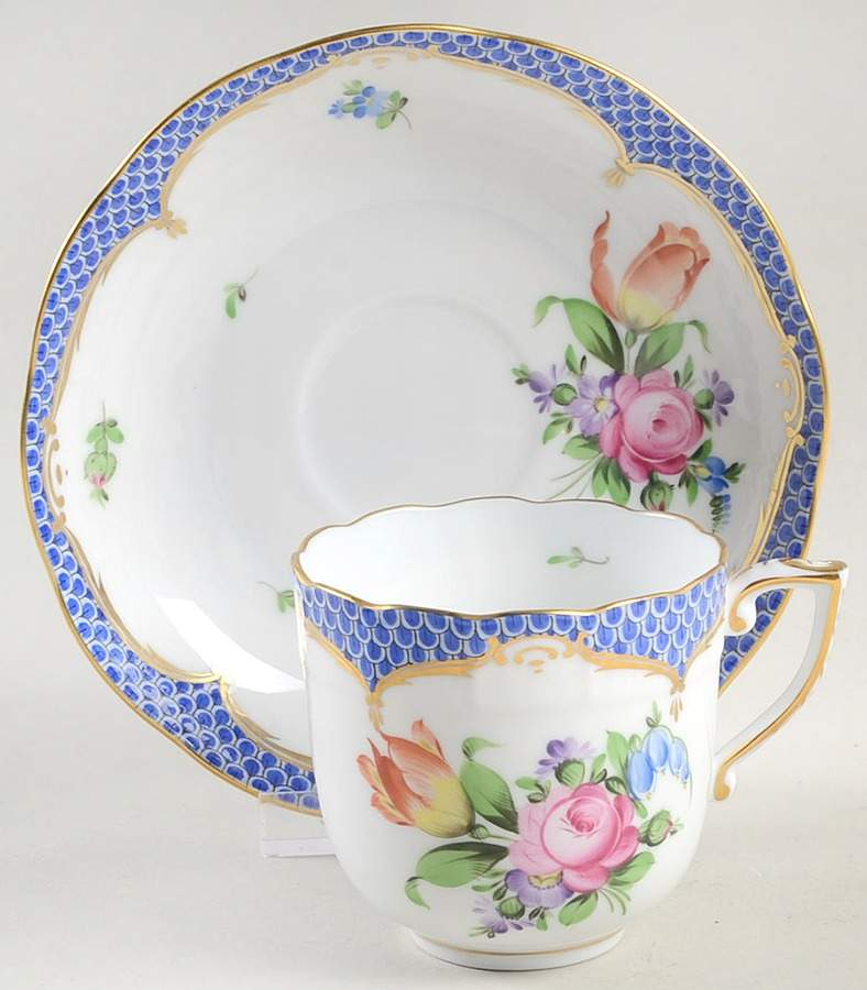 Printemps Blue Border Chocolate Cup & Saucer Set by Herend-1