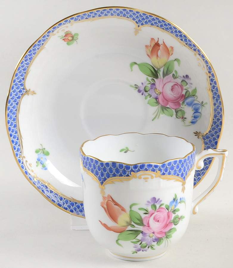 Printemps Blue Border Chocolate Cup & Saucer Set by Herend-1