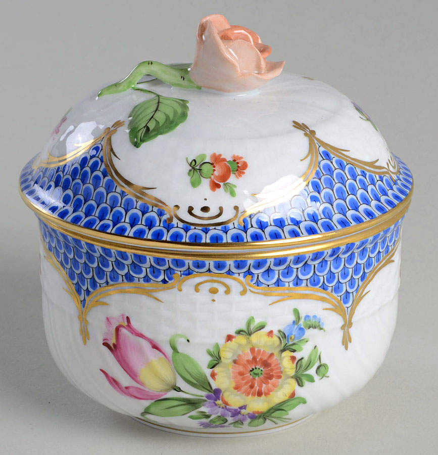 Printemps Blue Border Sugar Bowl & Lid by Herend-1