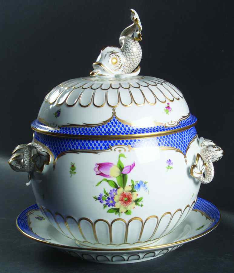 Printemps Blue Border 4 Qt Dolphin Tureen w/Lid & Underplate by Herend-1