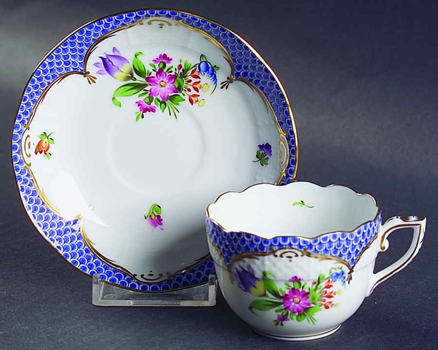 Printemps Blue Border Flat Demitasse Cup & Saucer Set by Herend-1