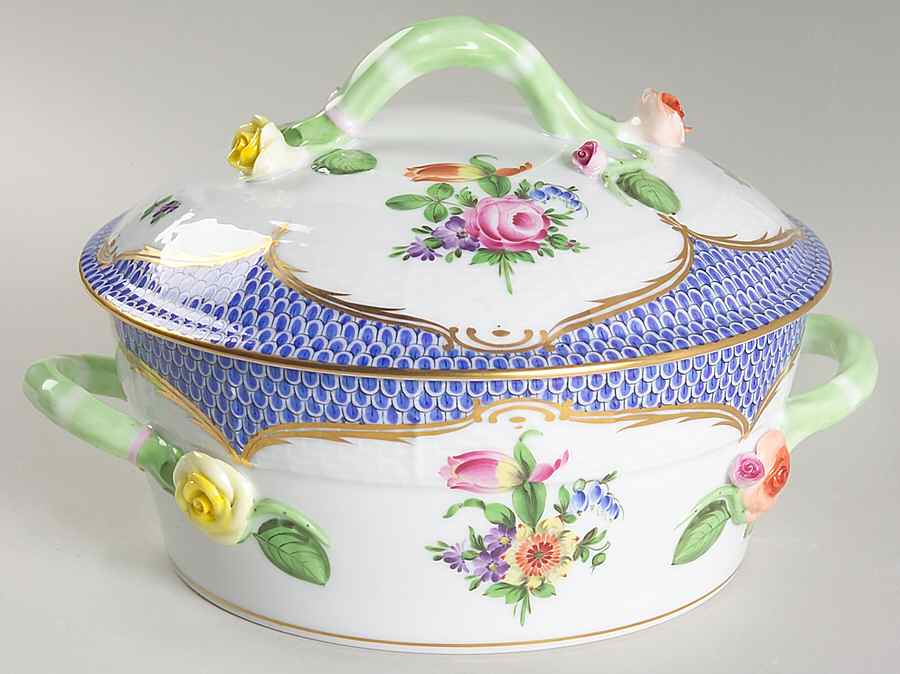 Printemps Blue Border Small Round Covered Vegetable by Herend-1