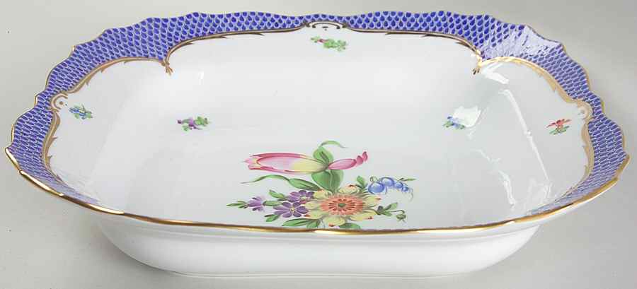 Printemps Blue Border Large Square Fruit Bowl by Herend-1