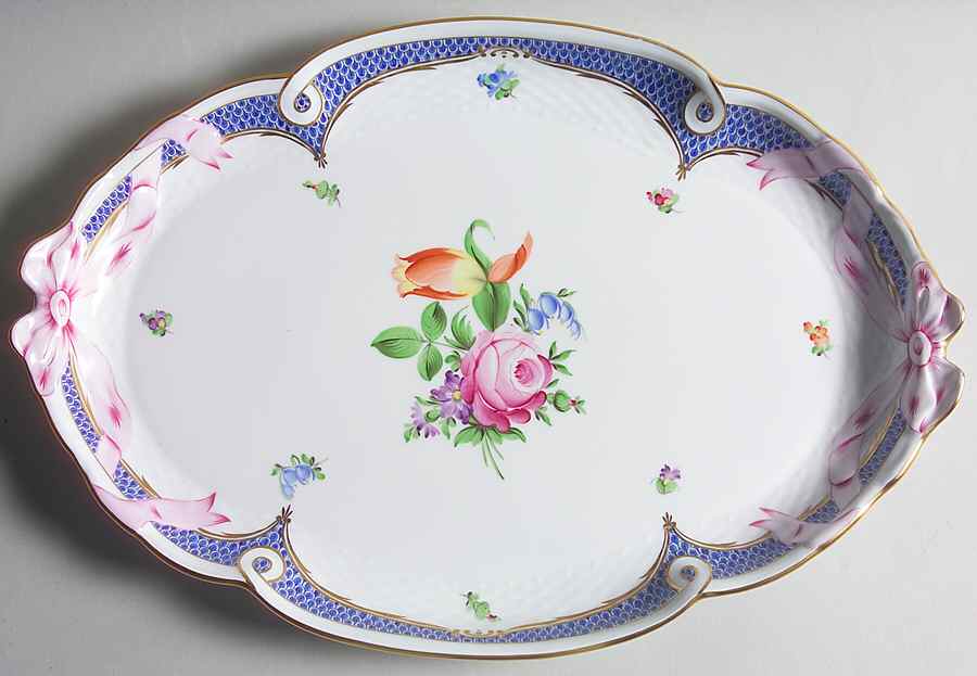 Printemps Blue Border 15" Oval Tray by Herend-1