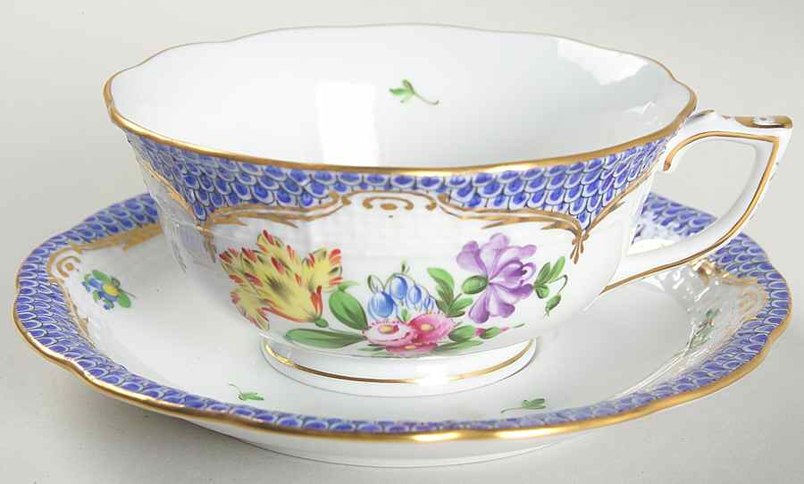 Printemps Blue Border Footed Cup & Saucer Set by Herend-1