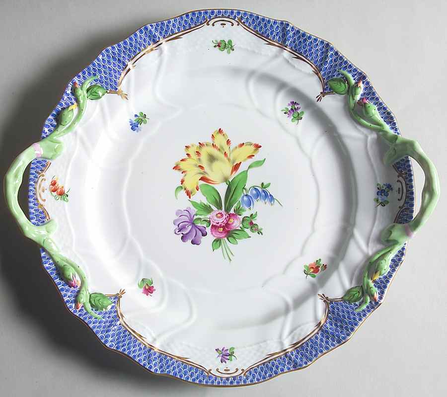Printemps Blue Border 12" Handled Chop Plate (Round Platter) by Herend-1