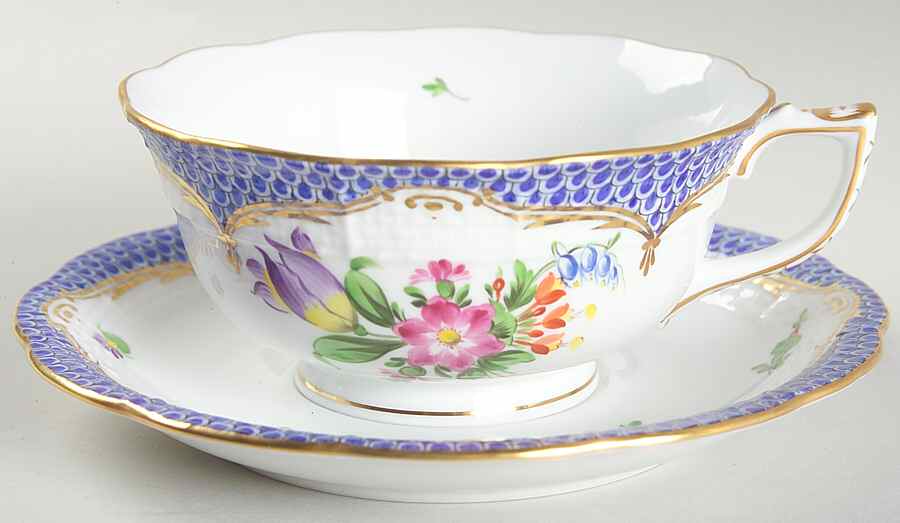 Printemps Blue Border Footed Cup & Saucer Set by Herend-1