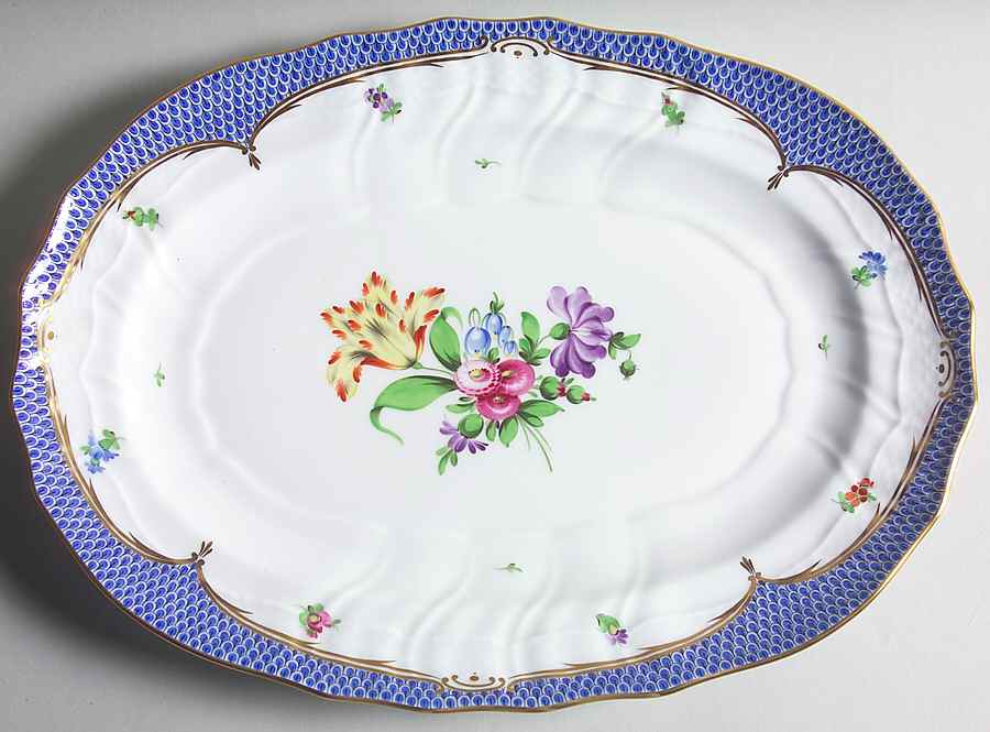 Printemps Blue Border 15" Oval Serving Platter by Herend-1