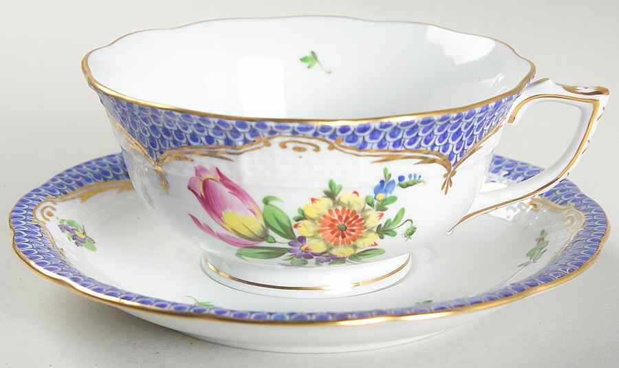 Printemps Blue Border Footed Cup & Saucer Set by Herend-1