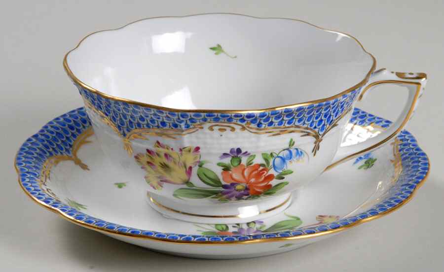 Printemps Blue Border Footed Cup & Saucer Set by Herend-1
