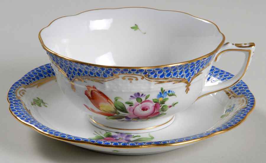Printemps Blue Border Footed Cup & Saucer Set by Herend-1