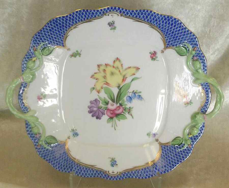 Printemps Blue Border Square Handled Cake Plate by Herend-1