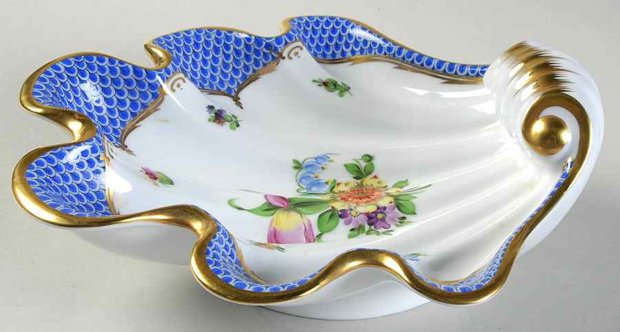 Printemps Blue Border Large Shell Shaped Dish by Herend-1