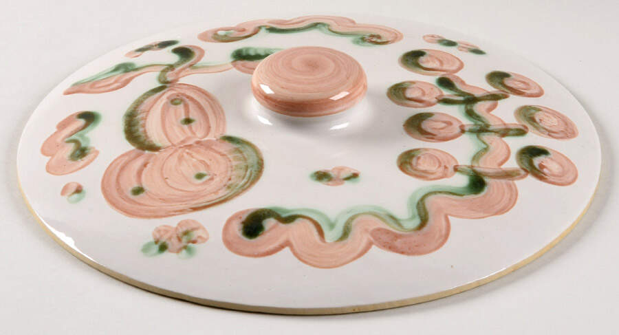 Pear and Grape Pink Lid for 4 Quart Round Casserole by M A Hadley-1