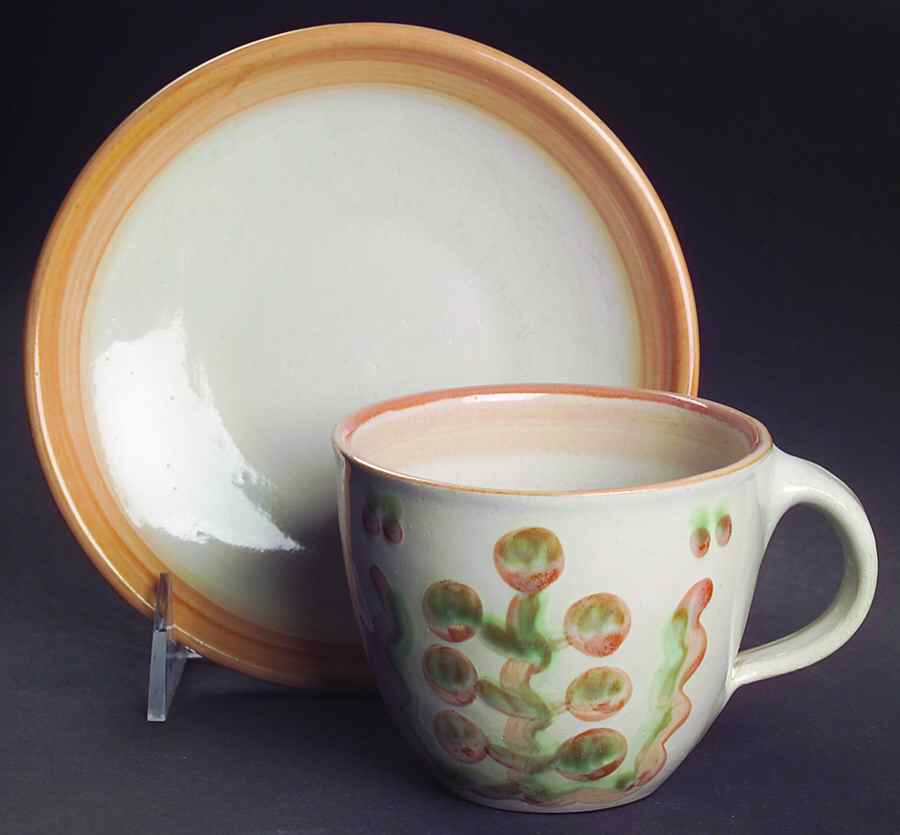 Pear and Grape Pink Flat Cup & Saucer Set by M A Hadley-1