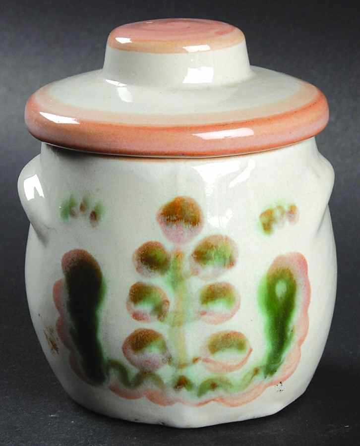 Pear and Grape Pink Sugar Bowl & Lid by M A Hadley-1