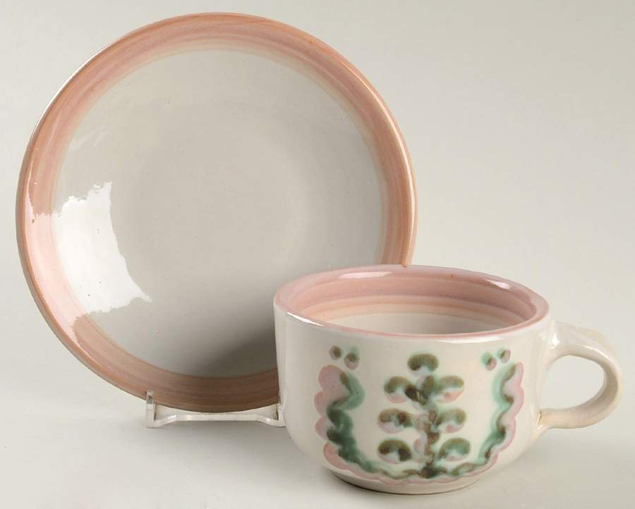 Pear and Grape Pink Flat Cup & Saucer Set by M A Hadley-1