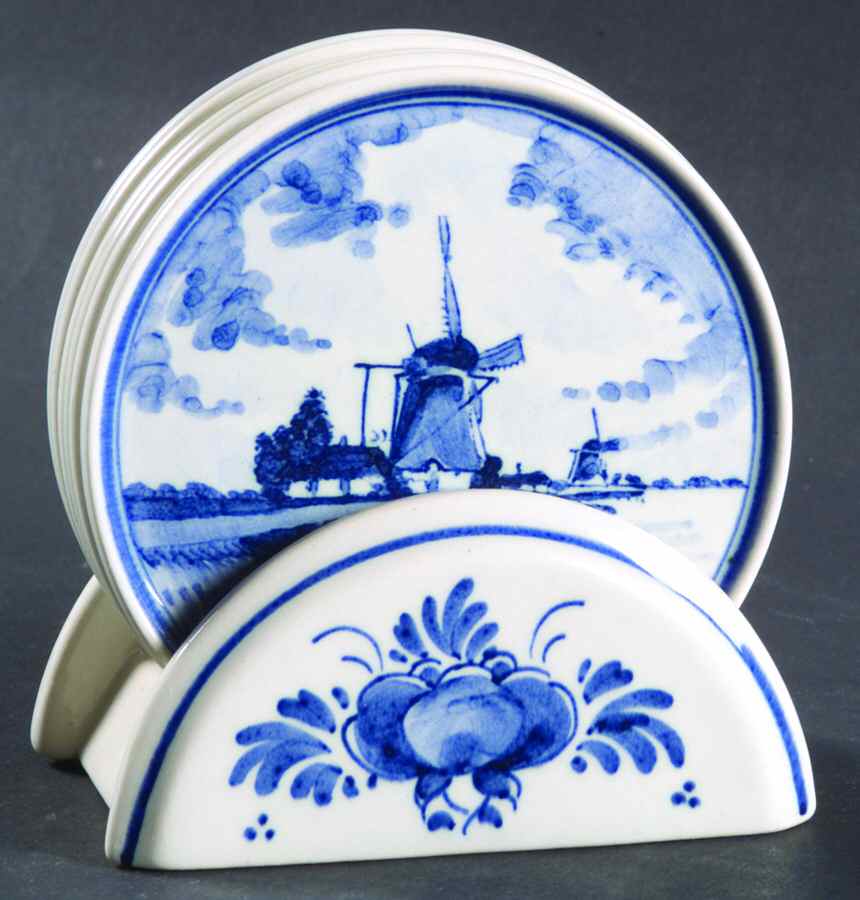 Delfts Blue Coaster Set - 7 Piece (6 Coasters & Ceramic Stand by Holland-1