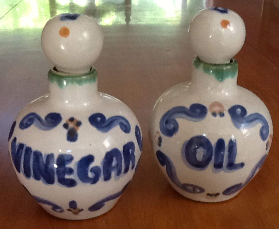 Bluette Vinegar and Oil Set with "V" and "O" Stoppers by M A Hadley-1