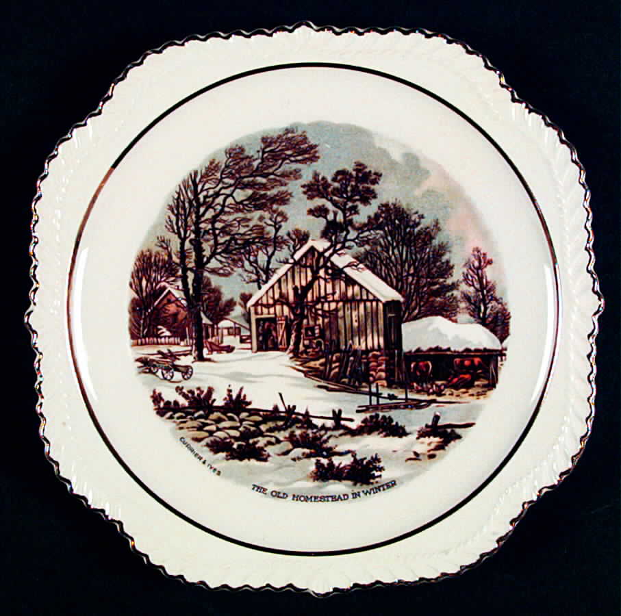 Currier & Ives (Gold Inner Band) Square Salad Plate by Harker-1