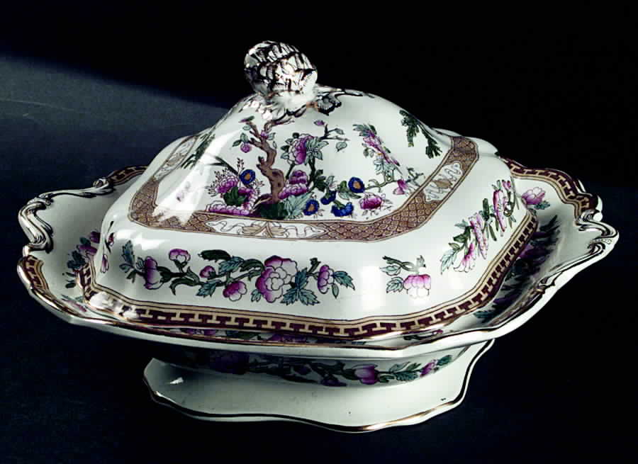 Indian Tree (Scalloped, Gold Trim) Square Vegetable Bowl by Sampson Hancock & Sons-1