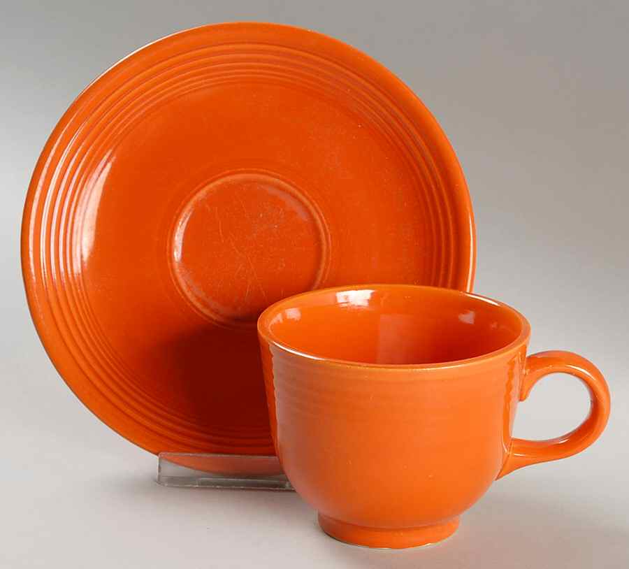 Fiesta Mango Red (Orange) (Ironstone) Footed Cup & Saucer Set by Homer Laughlin -1