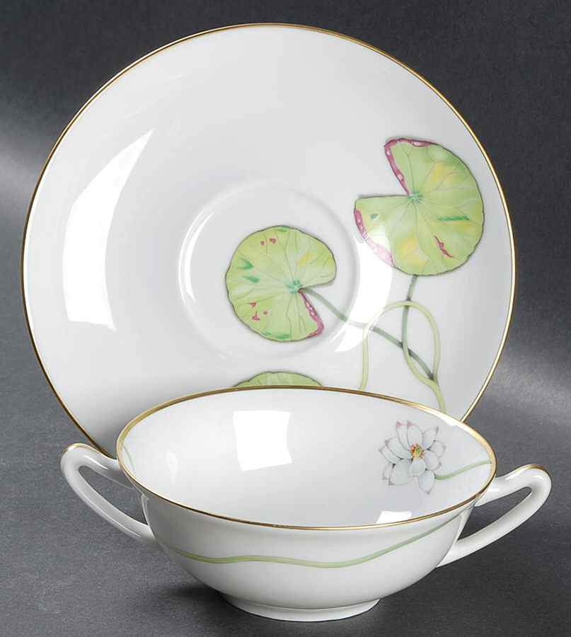 Nil (Gold Trim) Flat Cream Soup Bowl & Saucer Set by Hermes-1
