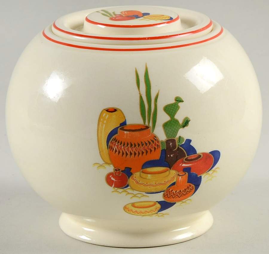 Mexicana (Kitchen Kraft, Red Band) Small Covered Jar & Lid by Homer Laughlin -1