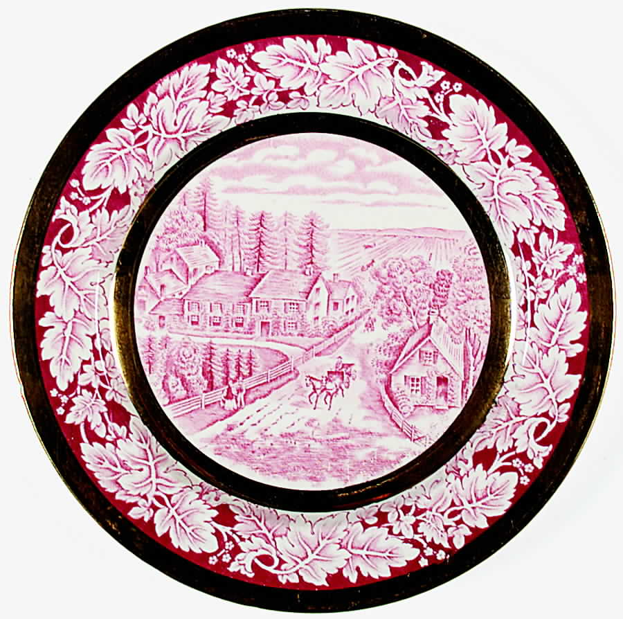 Currier and Ives Red (Gold Trim) Luncheon Plate by Homer Laughlin -1