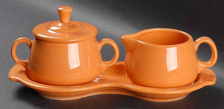 Fiesta Tangerine (Intro 2003) Creamer & Sugar with Lid & Tray Set by Homer Laughlin -1