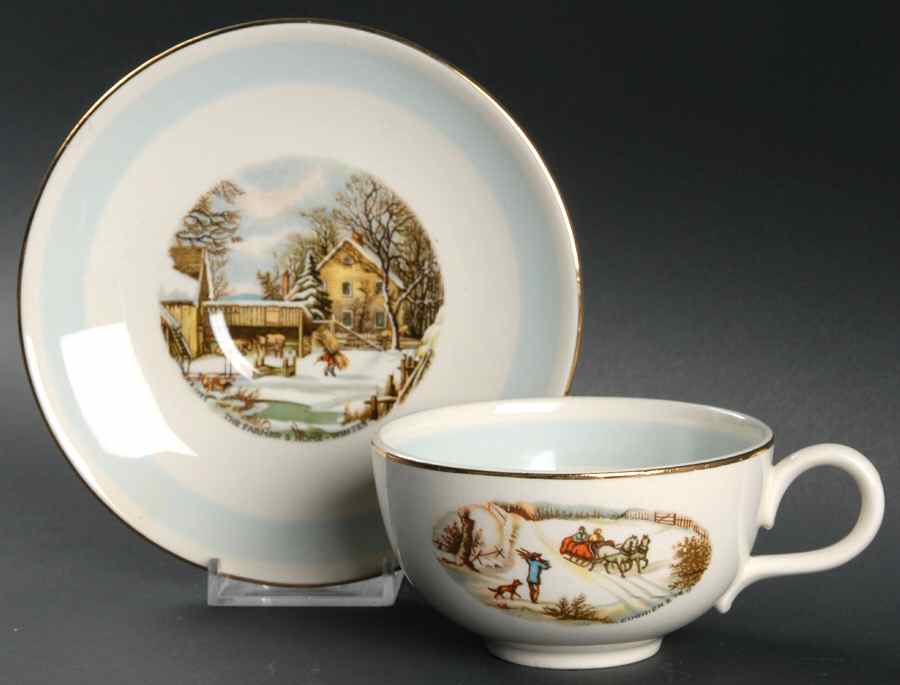 Currier and Ives Blue Band Flat Cup & Saucer Set by Homer Laughlin -1