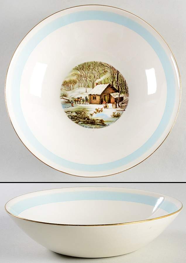 Currier and Ives Blue Band 8" Round Vegetable Bowl by Homer Laughlin -1
