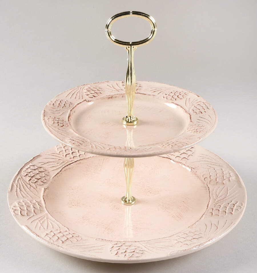 Holiday Pine Cone Cream 6 5/8"-10"  2 Tiered Serving Tray (Dp, Sp) HC by Home-1